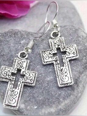 Silver Tone Cross Dangle Earrings
